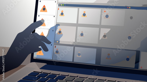 Hand interacting with laptop screen displaying graphic design software interface with various icons and shapes