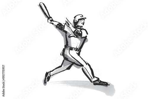 野球でホームランを打ったバッターの筆で描いた白黒イラスト