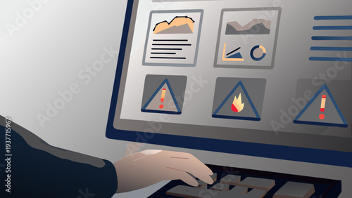 Vector illustration of a hand managing system on a computer with warning signs and graphs on the screen