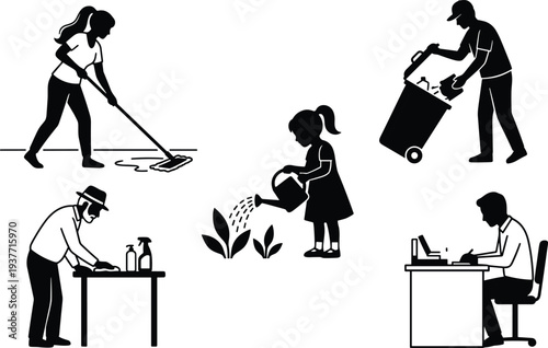 People daily activities silhouettes cleaning mopping watering plants office work trash disposal hygiene vector illustration set isolated white background