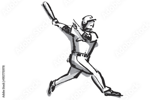 野球でホームランを打ったバッターの筆で描いた白黒イラスト