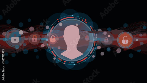 Digital privacy concept with padlocks and human silhouette on a black background with blue and red neon lights