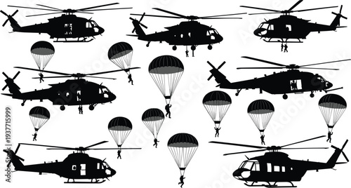 Military helicopter and paratrooper parachute silhouettes set, airborne army soldiers jumping from aircraft, tactical combat transport aviation icons isolated on white background