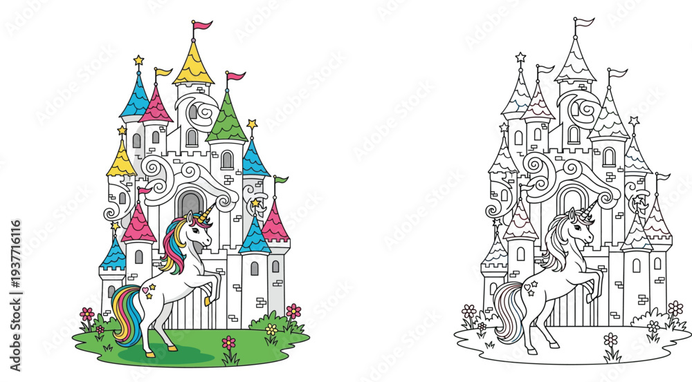 Fototapeta premium Majestic Unicorn in front of a Magical Rainbow Castle - Fantasy Kingdom Illustration