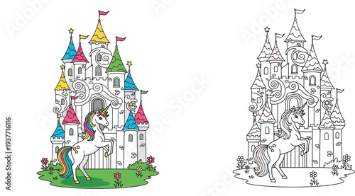 Majestic Unicorn in front of a Magical Rainbow Castle - Fantasy Kingdom Illustration