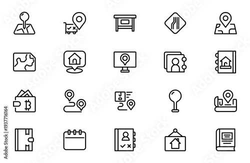 Address and Contact Communication Line Icon Set for Phone, Chat, Information and Customer Support Outline Vector Collection
