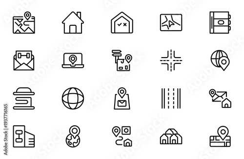 Address and Contact Communication Line Icon Set for Phone, Chat, Information and Customer Support Outline Vector Collection