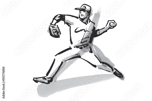 野球のピッチャーを筆で描いたグレースケールのイラスト