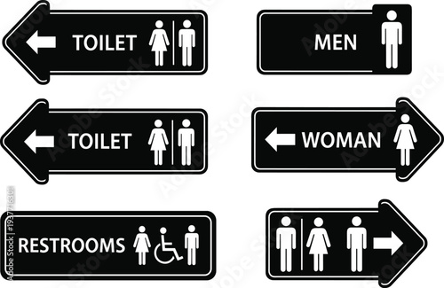 Public restroom directional signage set with male female and handicap icons for toilet wayfinding and navigation labels.