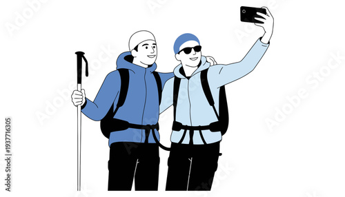 Hiker illustration of two friends taking a selfie on a mountain trail