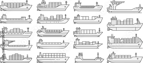 Cargo ship and container vessel outline icon set featuring various freight transport ships used for global shipping logistics maritime trade transportation and commercial ocean cargo industry