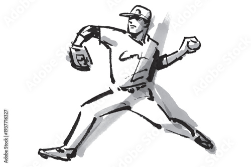 力強いボールを投げるピッチャーの筆で描いた白黒イラスト