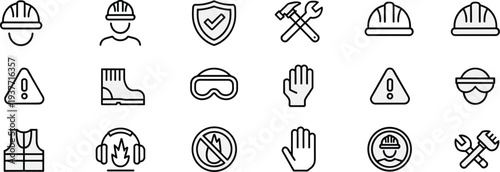 Construction safety line icons set including helmet gloves goggles warning sign tools and protective equipment symbols for workplace safety engineering industry and occupational protection
