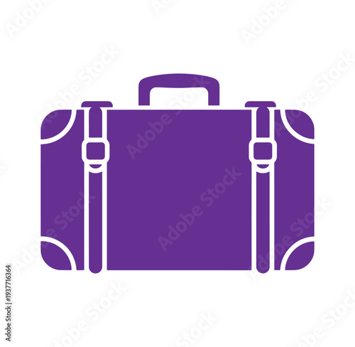 Purple suitcase icon with white outline and handle on top for travel or business concept