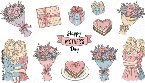 Mother's Day illustration with flowers, gifts, and heartwarming moments