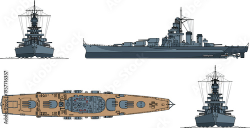 Detailed battleship warship vector illustration showing front side and top views of a naval military vessel designed for maritime warfare defense fleet operations