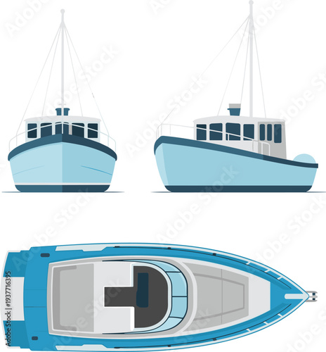 Fishing boat vector illustration with front side and top views showing small commercial vessel design for maritime transport seafood industry ocean navigation and coastal fishing activity