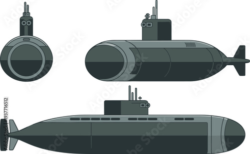 Military submarine vector illustration showing front side and top views of naval underwater vessel designed for defense maritime operations naval warfare and ocean exploration