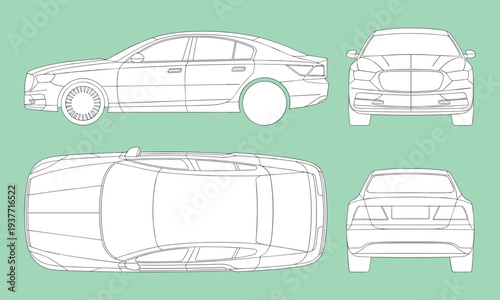 Luxury sedan car blueprint vector illustration showing side front rear and top views detailed automotive outline template for vehicle design engineering and transportation concept