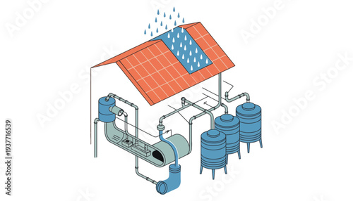 Rainwater harvesting system with solar panel and water storage tanks illustration