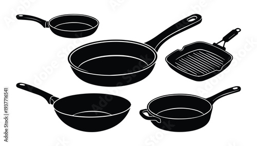 Frying pans depicted in a stark Icon Silhouette vector black design on a white background