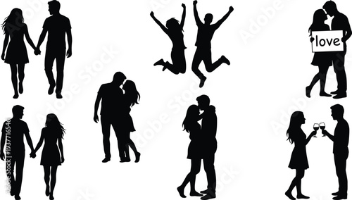 Romantic couple silhouettes collection showing love dating walking kissing hugging jumping celebration relationship vector illustration set