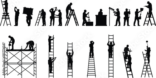 Construction workers with ladders silhouette set, builders repairing, scaffolding work, industrial maintenance, construction team working