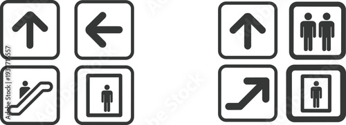 Navigation and facility direction icon set featuring arrows elevator escalator and restroom symbols simple outline vector illustration for public building signage and wayfinding systems