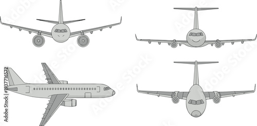 Passenger airplane blueprint vector illustration showing front side rear and top views commercial aircraft design template for aviation engineering transportation and airline industry concept