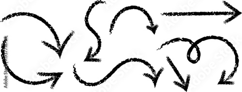 A collection of hand drawn black arrows and circular flow symbols depict direction and movement on a white background high quality professional detailed