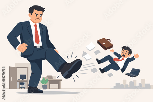Angry Giant Boss Kicking Out Small Employee from Office, Concept of Being Fired from Work, Company Layoff, Underperforming Staff, Business Failure, Job Loss, Unemployment, and Corporate Conflict