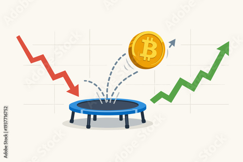 Bitcoin Price Rebound Concept with Golden Crypto Coin Bouncing on a Trampoline from a Falling Red Arrow to a Rising Green Arrow. Cryptocurrency Market Recovery and Financial Investment Growth.