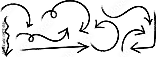 A series of hand drawn black looping arrows and lines are displayed against a stark white background suggesting movement and direction high quality