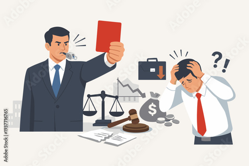 Corporate Violation Concept with a Referee Showing a Red Card to a Stressed Businessman, Symbolizing Legal Penalty, Financial Failure, Broken Rules, Punishment, and Professional Misconduct.