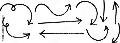 A collection of hand drawn black arrows and swirling lines illustrates various directional movements and cyclical patterns on a white background high quality