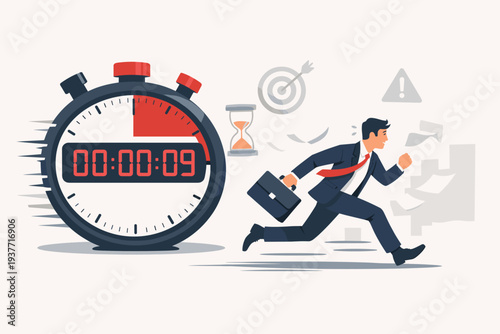 Businessman running against time with a giant stopwatch countdown, representing deadline urgency, work pressure, time management, and the race to finish professional tasks before the due date.