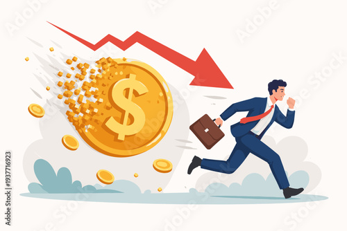 Businessman Running from Crumbling Dollar Coin and Downward Red Arrow Representing Economic Recession, Financial Crisis, Inflation, Investment Loss, Market Crash, and Currency Value Depreciation