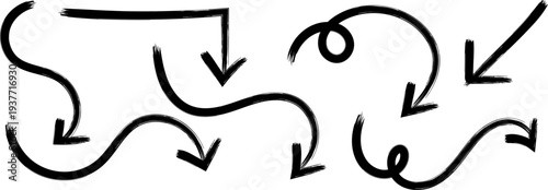 A collection of hand drawn black brushstroke arrows in various dynamic shapes and orientations suggesting movement and direction high quality professional detailed modern