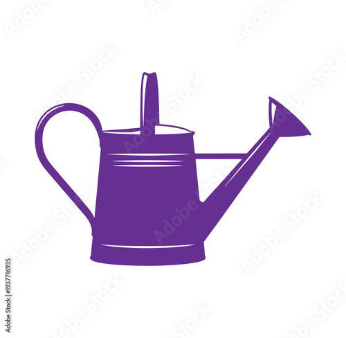 Purple watering can with long spout and handle for gardening and plants care
