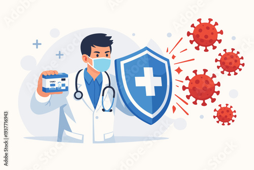Doctor Wearing Protective Face Mask and White Coat Holding Shield and Vaccine Box to Fight Against Coronavirus COVID-19 Outbreak, Medical Healthcare Protection and Immune System Concept Vector