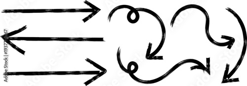 A collection of hand drawn black arrows and swirls depicts directional cues and abstract shapes on a plain white background high quality professional