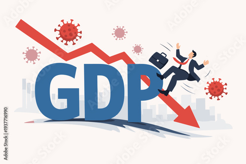 Gross Domestic Product GDP decrease due to COVID-19 coronavirus outbreak world wide economic recession and financial crisis with businessman falling down and red arrow pointing downwards vector