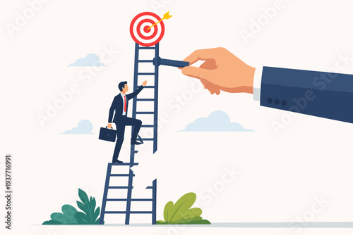 Helping hand business support to reach career target or help to climb up ladder of success concept. Businessman climbing broken ladder with assistance from mentor or boss to achieve goal and aim.