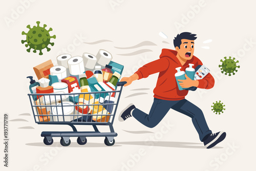 Panic Buying during COVID-19 Coronavirus Outbreak Crisis with Man Hoarding Groceries and Toilet Paper in Shopping Cart while Running Away from Virus Particles during Lockdown and Quarantine.