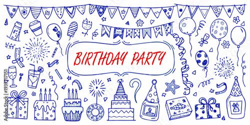 A colorful doodle illustration of birthday party elements and decorations