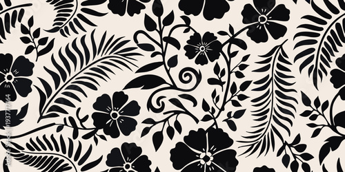 Black and white tropical floral pattern with leaves and swirling vines