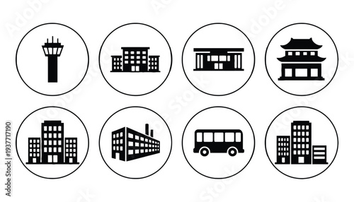 Building icon set with various structures and transportation
