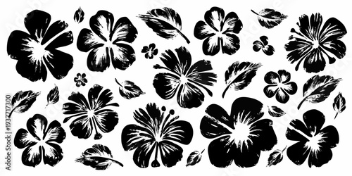 Black and white hibiscus flowers and leaves in a botanical arrangement