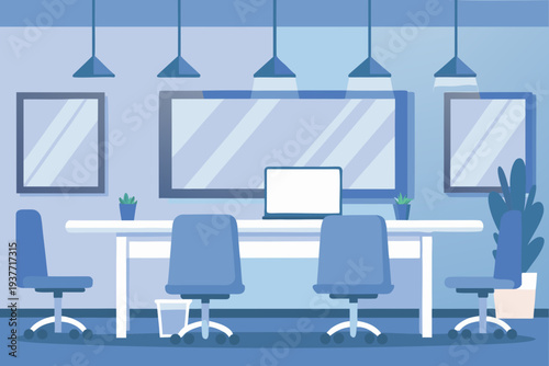 Minimalist office interior with desks chairs and modern lighting fixtures