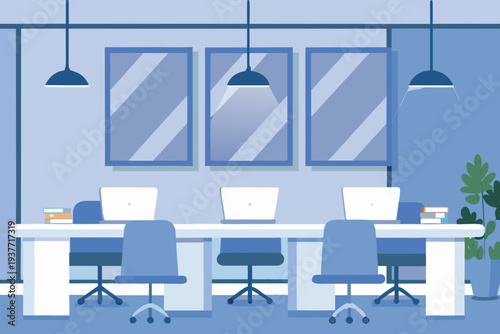 Minimalist office workspace with three desks and modern design elements